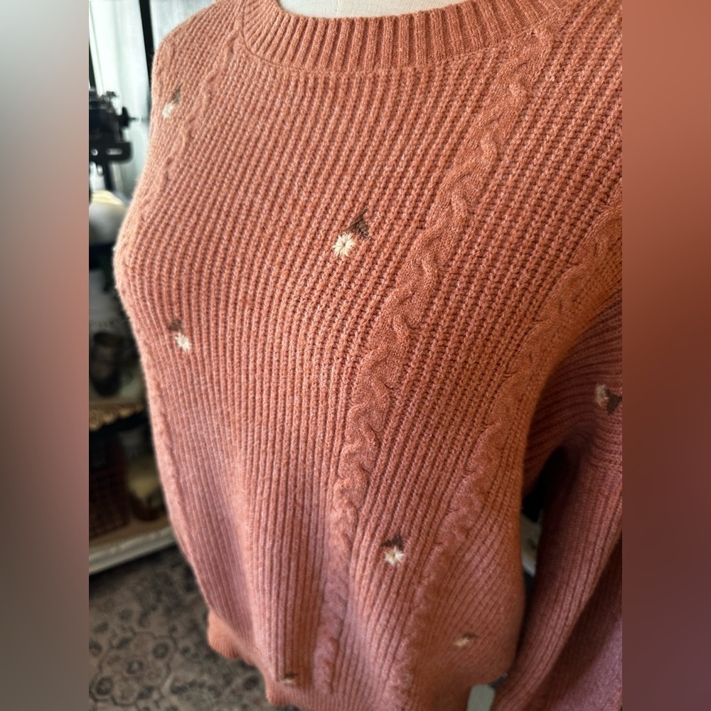 Hem & Thread Rust Cable Knit Sweater with Floral Accents - Picture 6 of 6